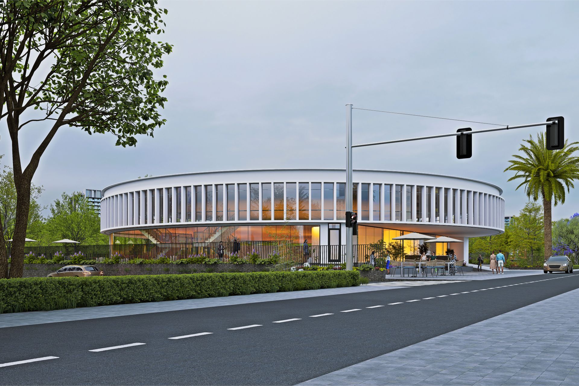 Modern circular commercial building architectural visualization - Contemporary retail and commercial space design.